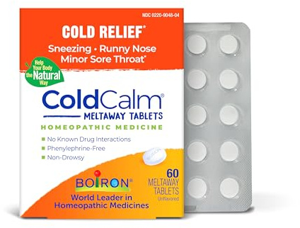 Boiron ColdCalm Tablets for Relief of Common Cold Symptoms Such as Sneezing, Runny Nose, Sore Throat, and Nasal Congestion - Non-Drowsy - 60 Count