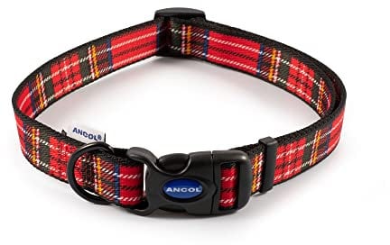 Ancol Verstellbares Nylon-Halsband für kleine Rassen, rotes Schottenkaro-Design, für Hunde, superweiches Polyestermaterial, 45–70 cm, Größe 5–9