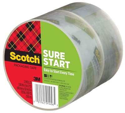 Scotch Sure Start Shipping Verpackungsband, 4,8 cm x 55,6 m, entworfen für Verpackung, Versand und Versand, leises Abrollen, kein Spalten oder Reißen, 7,6 cm Kern, transparent, 2 Rollen