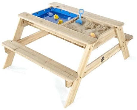 Table de pique-nique en bois avec sable et eau Plum Surfside