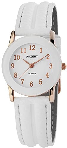 Akzent Damen-Uhr Kunstleder Dornschließe Analog Quarz 1900273 (weiß weiß roségoldfarbig)
