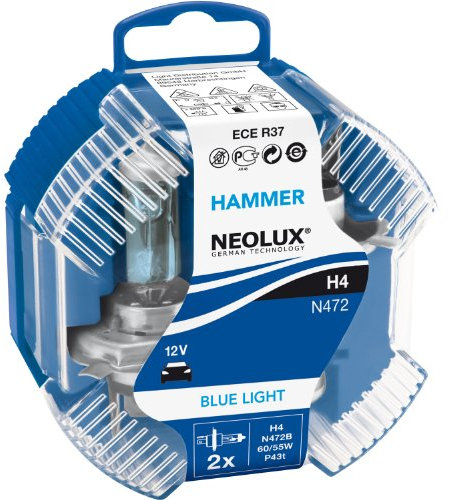 NEOLUX HAMMER BOX Blue Light H4 Halogenscheinwerferlampe N472B 12V 55/60W P43t Xenon-Look im 2er-Set
