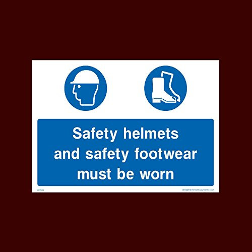 Safety Helmets and safety footwear must be worn Plastic Sign (MPPE39) - Personal Protective Equipment, Helmets, Boots, Gloves, Mask, Ear, Eye, Glasses