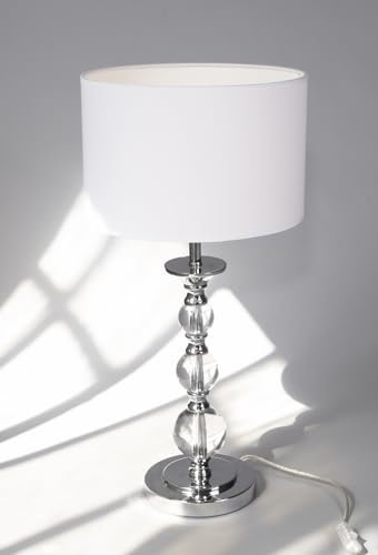 anTes interieur Tischleuchte Pandora weiß mit LED-Leuchtmittel/Stoffschirm/Metall verchromt/28 cm Durchmesser/57 cm hoch/Nachttischlampe Wohnzimmer Schlafzimmer