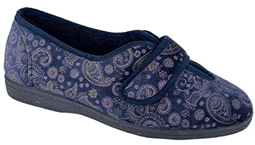 Sleepers Womens Ivy Touch Fastening V Throat Slippers Wide Fit with Rubber Sole Navy Blue (EE Fitting)