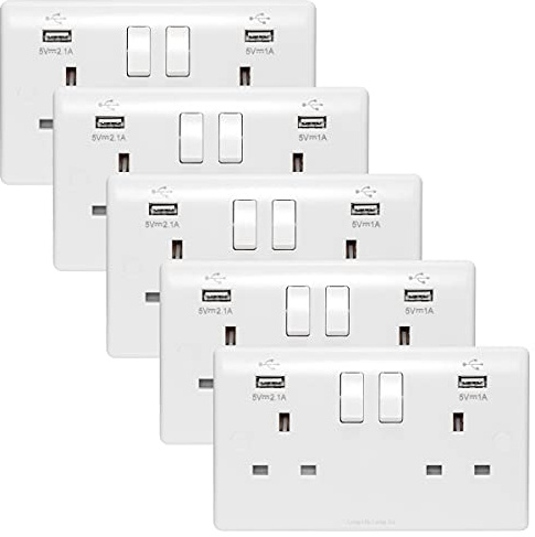 5 x USB Double Wall Plug Socket 2 Gang 13A with 2 USB Charger Port Outlets White Socket Plate