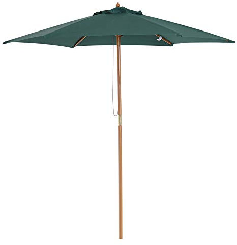 Outsunny Sombrilla de Jardín Ø250x230 cm Parasol de Terraza con 6 Varillas Poste Desmontable Anti-UV Impermeable y Marco de Madera para Playa Patio Verde