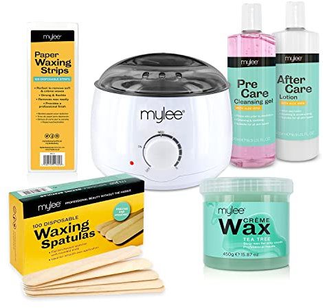 Mylee Complete Waxing Kit, Includes Salon Quality Wax Heater, Soft Cream Wax, Waxing Strips, Spatulas and Mylee Pre & After Care Lotion (Tea Tree)