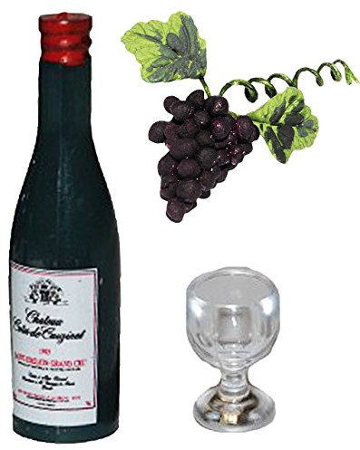 alles-meine.de GmbH Set: Weinflasche + Weinglas + Weintraube mit Blatt & Ranke - Miniatur - Maßstab 1:12 - für Puppenstube - Puppenhaus Puppenküche - Wein - Weintrauben Reben Reb..