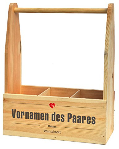 Cera & Toys® Flaschenhalter zur Hochzeit mit Aufdruck der Namen und Glückwunschtext (Herz)