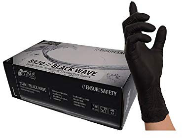 Nitras 8320 BLACK WAVE unsterile, medizinische, lebensmittelgeeignete Nitril-Einmalhandschuhe Farbe schwarz, puderfrei & latexfrei 100 Stück im Spenderkarton Größe S