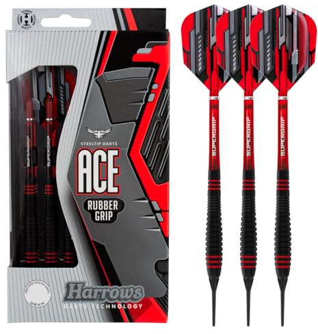 Harrows Ace Rubber Brass Soft Tip Darts Set 16g & 18g - Comprend des tiges Supergrip, des Volants Micron Marathon et Un étui de Voyage Pratique - 10pc Set
