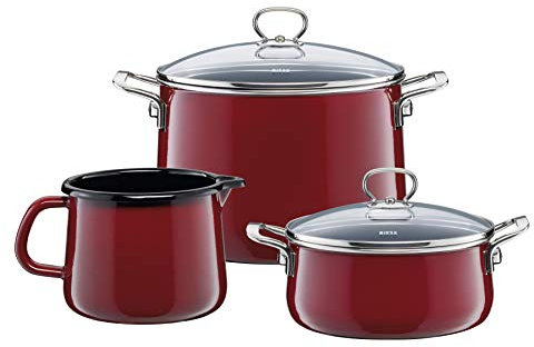 Riess, 0520-008, Starter-Set 3-teilig, NOUVELLE, ROSSO EXTRA STARK, bestehend aus: Fleischtopf mit Glasdeckel 20 cm, Kasserolle mit Glasdeckel 16 cm, Schnabeltopf 12 cm, Emaille, Topfset, Kochtopfset, Kochgeschirr