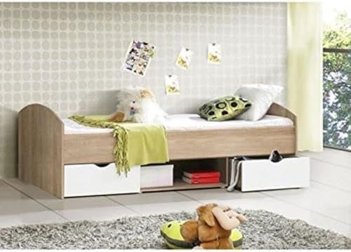 FORTE Libelle Jugendbett, Liegefläche 90 x 200 cm, Holzwerkstoff, Weiß kombiniert mit Grau matt, 210 x 94,6 x 76,8 cm