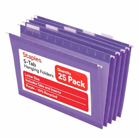 Staples Hanging File Folders, Letter Size, Purple, 1/5‑Cut Tabs, Tear‑Resistant, Includes Tabs & Inserts – 25/Pack