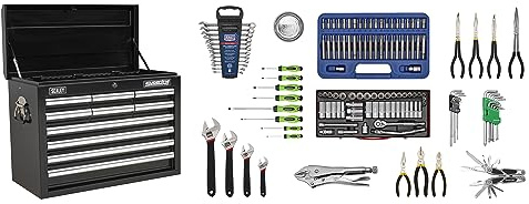 Sealey 10 Drawer Topchest with Ball-Bearing Slides - Black & 140pc Tool Kit - AP33109BCOMBO