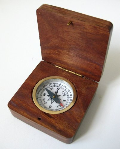 Kompass in Holzdose 6,5cm mit Messing Anker Inlay