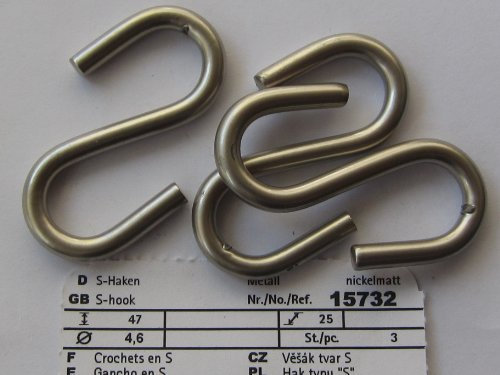 Hettich S-Haken, Metall nickelmatt, ø 4,6 mm, 47 x 25 mm, 3 Stück, 15732
