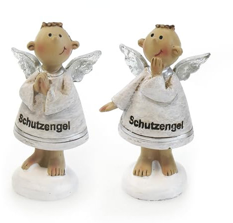 TEMPELWELT 2X Deko Engel Figur lustige Schutzengel Stehend im Set je 6 cm, Polystein Weiß Silber, Dekofigur Engelkinder Engelsfigur Geschenk Geburt Taufe