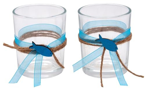 ZauberDeko 2X Teelichtglas Kommunion Konfirmation Tischdeko Petrol Fisch Vintage Isaak