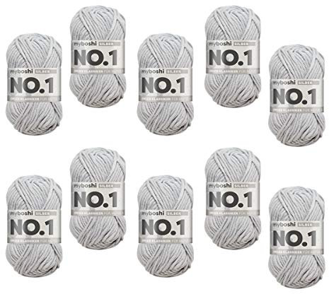 myboshi No.1 Wolle zum Häkeln und Stricken, Schnellstrickgarn, langlebige Mützenwolle, Strickwolle, Häkelwolle, mulesing-frei, 50g, Ll 55m Grau (Silber) 10 Knäuel
