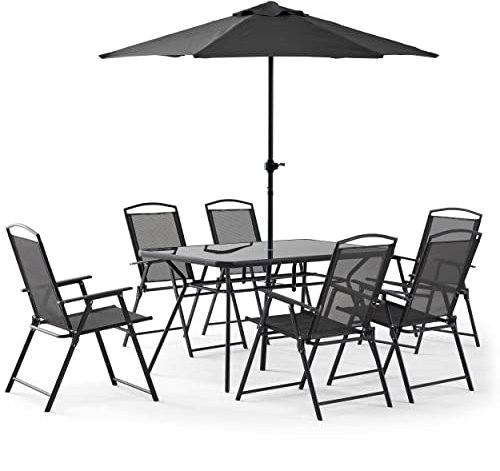 Oviala Salon de Jardin Table et 6 chaises Pliantes avec Parasol Central