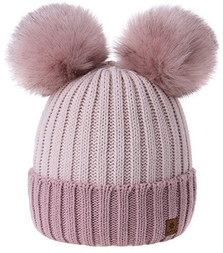 MFAZ Morefaz Ltd Damen Winter Beanie Strickmütze Mütze Doppelt Bommel Pom Pom Wurm SKI Mütze (Rose-Pink Powder-Pink)