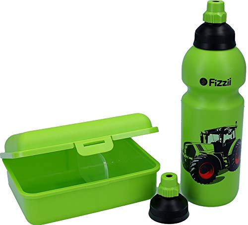 Fizzii Set Trinkflasche 600ml + Lunchbox inkl. Obst-/ Gemüsefach (schadstofffrei, spülmaschinenfest, Motiv: Trecker)