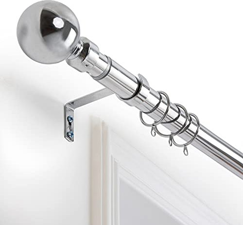 Oxford Homeware Curtain Poles Metal Extendable - Durable Plain Ball Curtain Pole Set Includes Finials, Rings, Brackets & Fittings (Chrome, 120-210 Cm, 48 Inches to 83 Inches)
