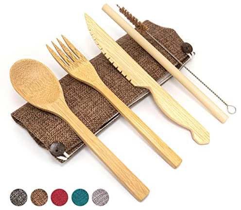 Jungle Culture | Tragbares Bambusbesteck | Umweltfreundliches Bambusreisebesteck | Mehrwegbesteck aus Holz | Kein Kunststoffabfall Frei | Bambusmesser Gabel Löffel Stroh (Weizen Besteck Set)