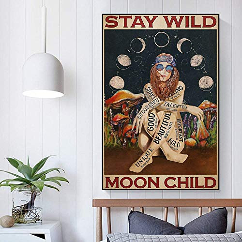 PUYIQARE Hippie-Mädchen mit Pilz Stay Wild Moon Kind Wandkunst Hängendes Poster Living Vintage Hippie Art Gypsy Soul Leinwand für Schlafzimmer Home Decor Kein Rahmen
