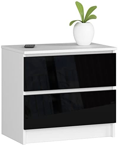 AKORD Kommode K60 mit 2 Schubladen | für das Wohnzimmer Schlafzimmer Schrank Büro Arbeitszimmer | Modernes Funktionales Design | B60 x H55 x T40 cm, Gewicht 20kg | Weiß/Schwarz Glänzend