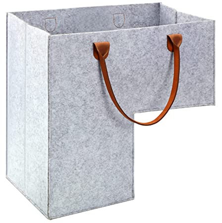 Cymwer Cesta de escalera con asas de cuero, organizador grande plegable en forma de L, organizador de almacenamiento de escalera de fieltro con asas, cesta plegable para decoración