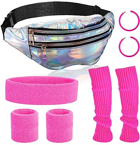 80er Jahre Kleidung Damen Set, Silberne Laser-Bauchtasche 80er Outfit Sportlicher Stil Rosa Beinwärmer Armbänder Stirnband Ohrringe Retro Neonrosa Kostüm Accessoires für Party Fasching Karneval