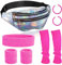 80er Jahre Kleidung Damen Set, Silberne Laser-Bauchtasche 80er Outfit Sportlicher Stil Rosa Beinwärmer Armbänder Stirnband Ohrringe Retro Neonrosa Kostüm Accessoires für Party Fasching Karneval