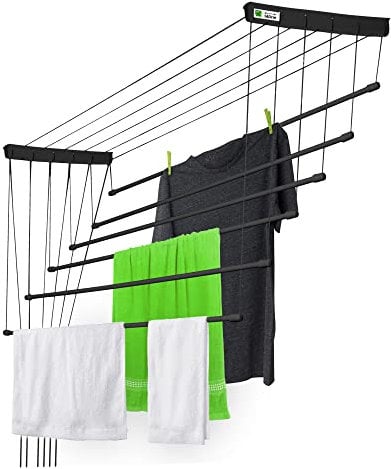 KADAX Stendibiancheria da Soffitto in Acciaio Rivestito in Polietilene, Stendino con Design Salvaspazio e Capacità di Carico di 12 kg (Nero, 6 x 140)