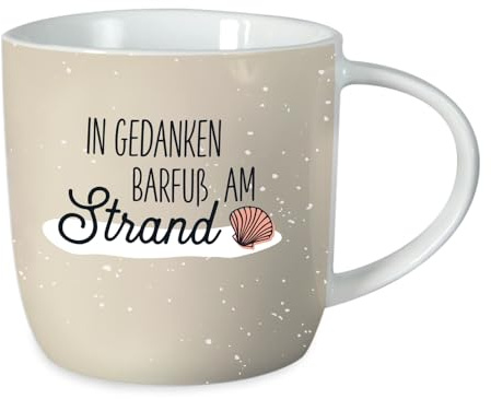 Grafik-Werkstatt Kaffeetasse mit Spruch 300 ml Porzellan Tasse Barfuß am Strand, Beige