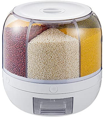 Rice and Grain Storage Container, 6 Compartment 360° Rotating Grain Storage Food Dispenser with Lid for Small Grains, Beans, Rice (10kg)