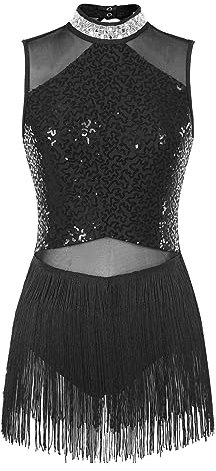 Jowowha Damen Latein Tanzkleid Glitzer Pailletten Kleid mit Quasten Fransen Kleid Chacha Salsa Kleid Tango Ballsaal Latein Tanzkleidung Schwarz XL