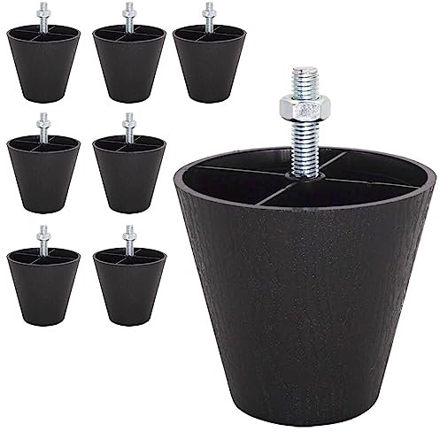 SKIR'CO 8 pieds de meuble coniques en plastique noir, hauteur 70 mm, filetage M8, écrous inclus