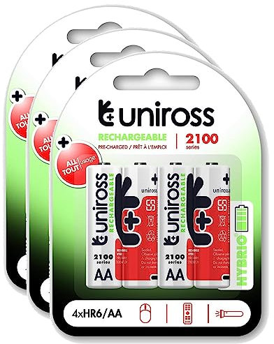 Uniross Pack of 3 x 4 Rechargeable Batteries AA/HR6 2500 NIMH HYBRIO, 1.2 V