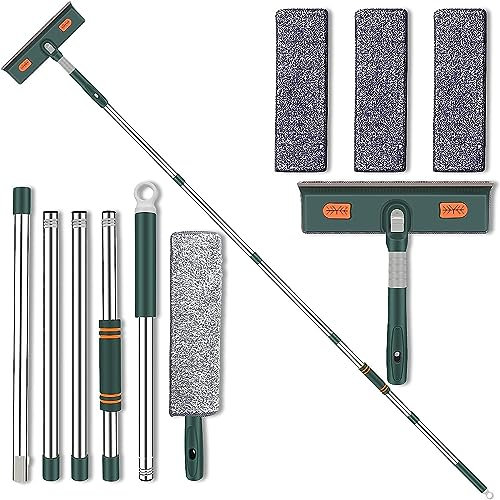 2-in-1 Fensterwischer, Professioneller Fensterabzieher Reiniger mit Teleskopstiel, 210 cm Teleskop-Fensterwaschanlage, Glasreinigungswerkzeuge für hohe Fenster im Innen- und Außenbereic