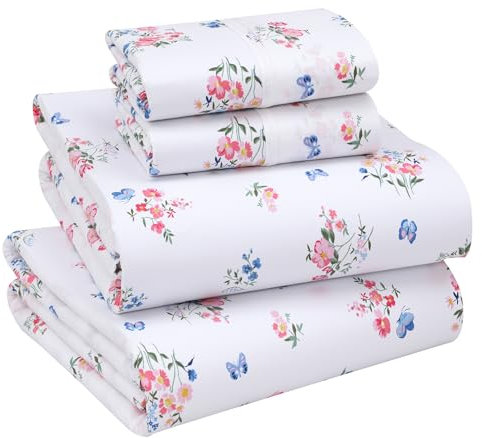 RUVANTI 4-teiliges Bettwäsche-Set aus 100 % Baumwoll-Perkal, kühlende Bettlaken für heiße Schläfer, tiefe Tasche 40,6 cm, weich, atmungsaktiv und langlebig, Hotel-Stil, 4-teiliges Set, Funa Flora