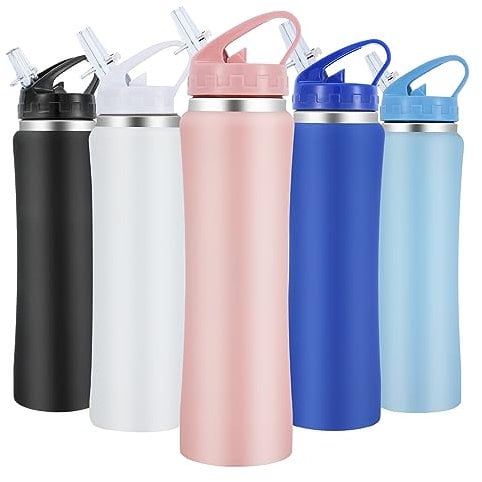 SUPPRUI Insulated Water Bottles,600ml Stainless Steel Water Bottle with Straw,Metal Water Bottle,Double Walled Drink Flasks Leakproof Keep Drinks Hot Cold(Pink)