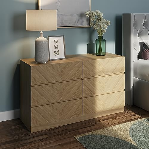 GFW Catania 3+3 Drawer Chest Of Drawers Cabinet, Modern Herringbone Design Wood Effect Finish Bedroom Furniture Storage Chest, Euro Oak, D39.8 x H68 x W118.9cm