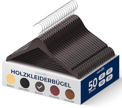 SereneLife Kleiderbügel Holz, 50 Stück- Holzbügel, Bügel, Hangers Clothes mit 360° drehbarer Haken & Einkerbungen im Schulterbereich, rutschfest & Platzsparend, für Träger & Jacken, Großpackung