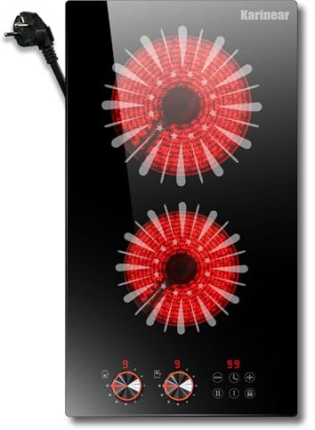 Karinear Piano Cottura Vetroceramica 2 piastre, 3000W Piano Cottura in Ceramica con Spina 2 zone di Manopola e Tocco, Timer, Blocco di Sicurezza, Pausa, 30 cm