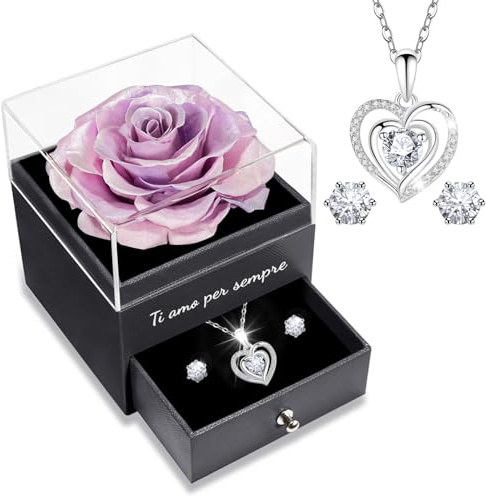 Yamonic Rosa Eterna Regalos Originales para Mujer,Rosa Eterna Natural Preservada con Collar y Pendientes de Plata de Ley 925,Flore Preservada Regalo Navidad San Valentin Dia de la Madre Cumpleaños