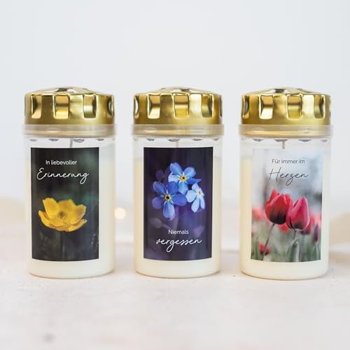 10x AUFKLEBER für GRABKERZEN • 3x Blume • Grablicht • Sternenkind • Motiv mit Spruch • Sticker für Kerzen Grabdeko • witterungsbeständig • Größe für Standartkerzen (2-3 Tage Brenndauer)