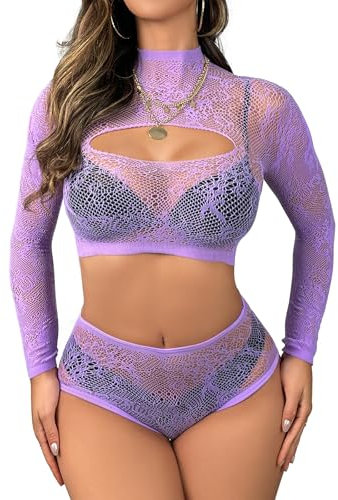 Buitifo Damen Dessous-Sets Sexy Lingerie Fischnetz Sexy Bodys Nachtwäsche(Lila 0090,Einheitsgröße)